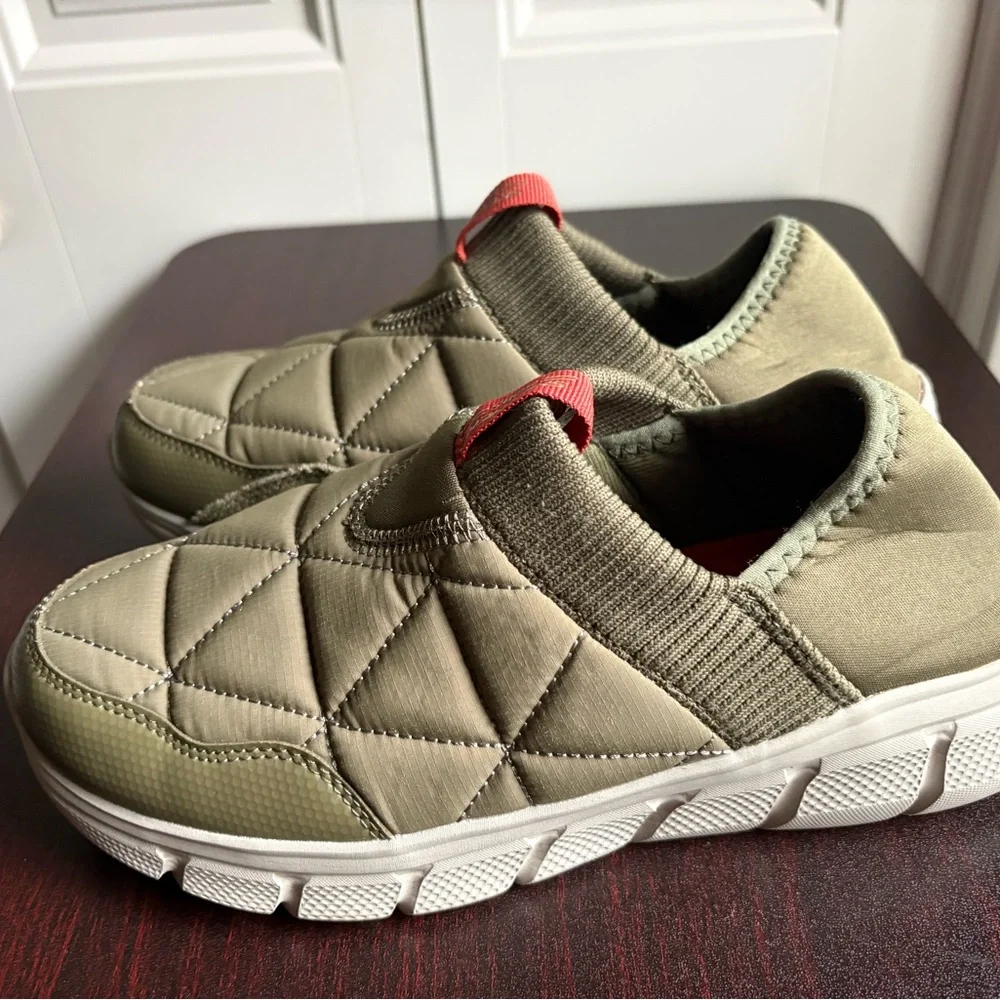 Skechers Olive Green Quilted Slip-On Athletic Shoes with Red Pull Tab